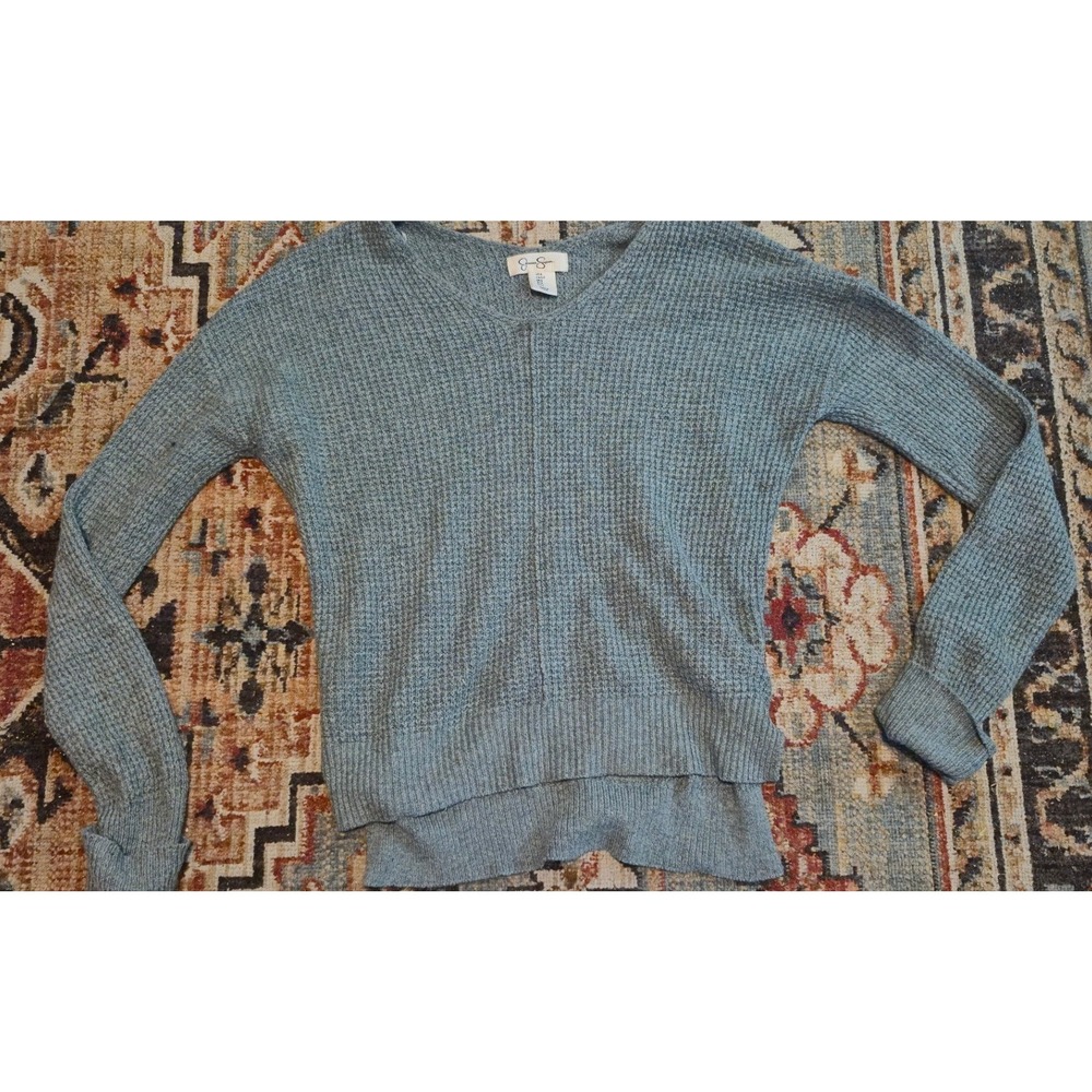 Jessica Simpson Womens Blue Waffle Knit V-Neck Sweater High Low Hem Small - Picture 1 of 4